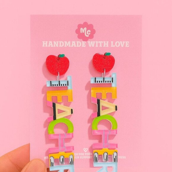 Teacher Earrings — Colorful Apple Dangle Statement Jewelry for Teachers - Picture 4 of 4